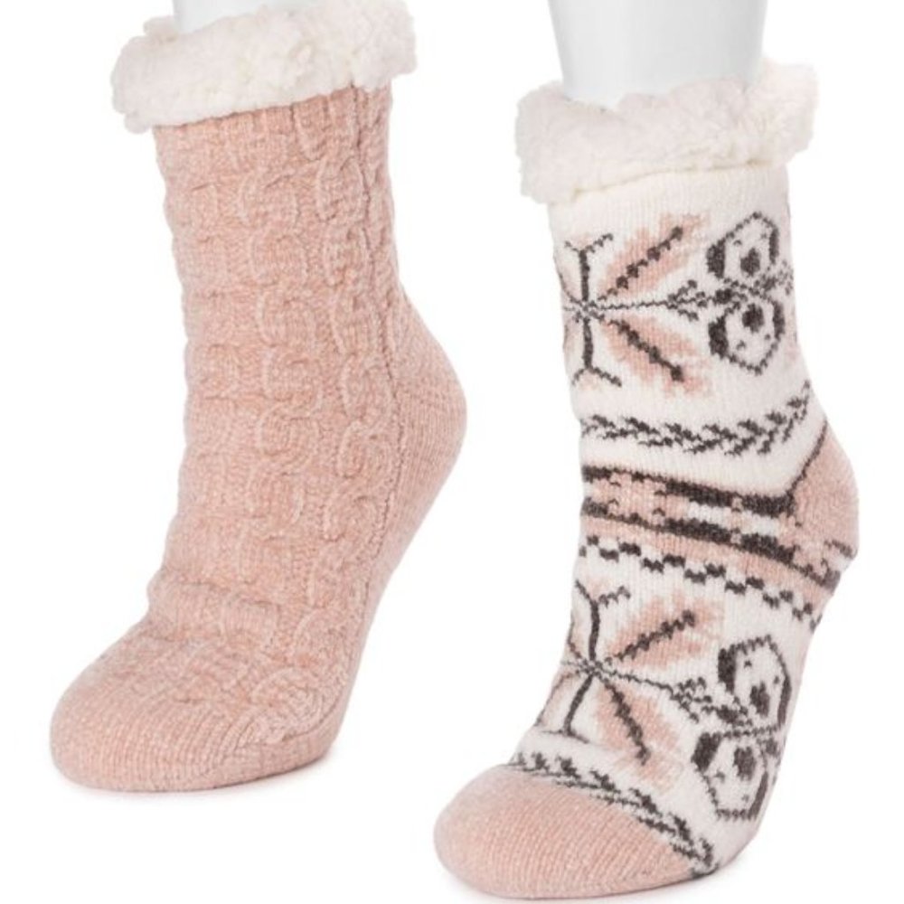 Muk Luks 4 Pairs Pink Cable & Black Striped Cabin Socks - L/XL & OS NWT